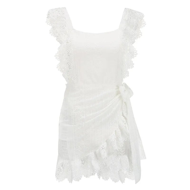 Summer Dress Women Boho Bohemian Hollow Out Crochet Lace Embroidery White Dress Backless Tie Ruffle Mini Beach Dresses Sundress X0521