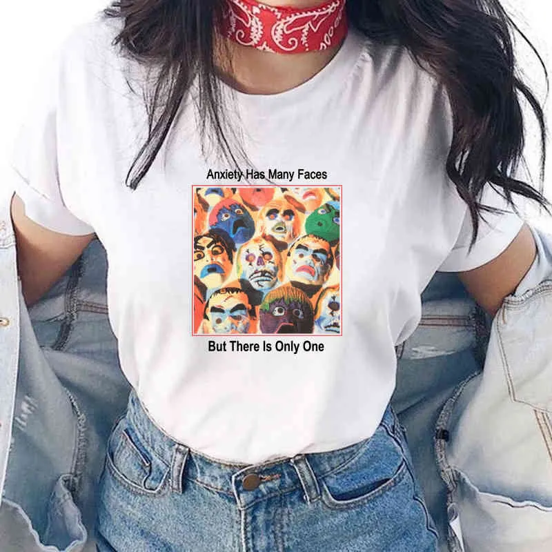 Vintage White Tees Women Unisex Anxiety Has Many Faces Art Drawing Aesthetic 90s Fashion Tumblr Grunge Graphic Tee Cotton Shirt 210518