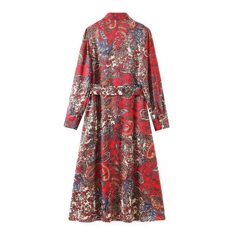 BLSQR Elegant Lapel Paisley Print Dress Retro Red Belt Design Holiday Autumn Women Chic Party 210430