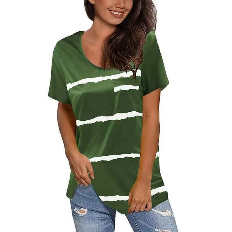 Kadınlar Gevşek Artı Boyutu T-Shirt Rahat Çizgili O-Boyun Kısa Kollu Cep Ile Tops Yaz Kadın Baskı Streetwear Tee Gömlek S-5XL 210526