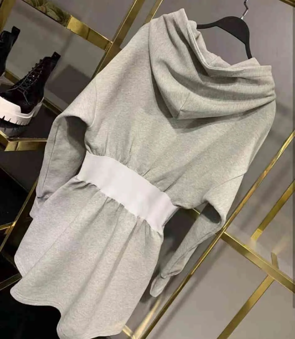 Gratis Sports Hooded Sweater Jurk Dames Lange Mouw A-Lijn Mini Casual Geplooid Grijs Vestidos 210524