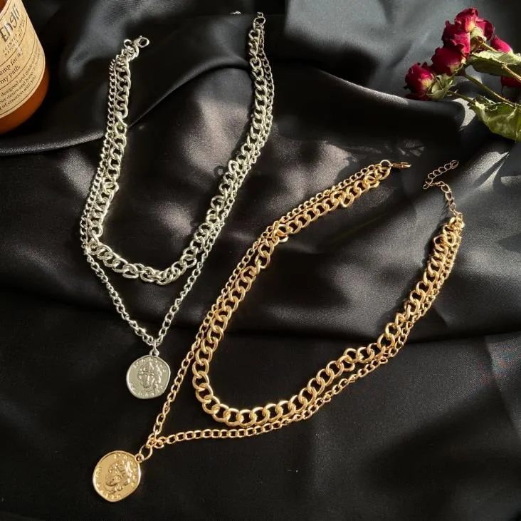Pingente colares multi-camada colar punk curb cubano grosso retrato gargantilha para mulheres vintage esculpido moeda corrente jóias2263