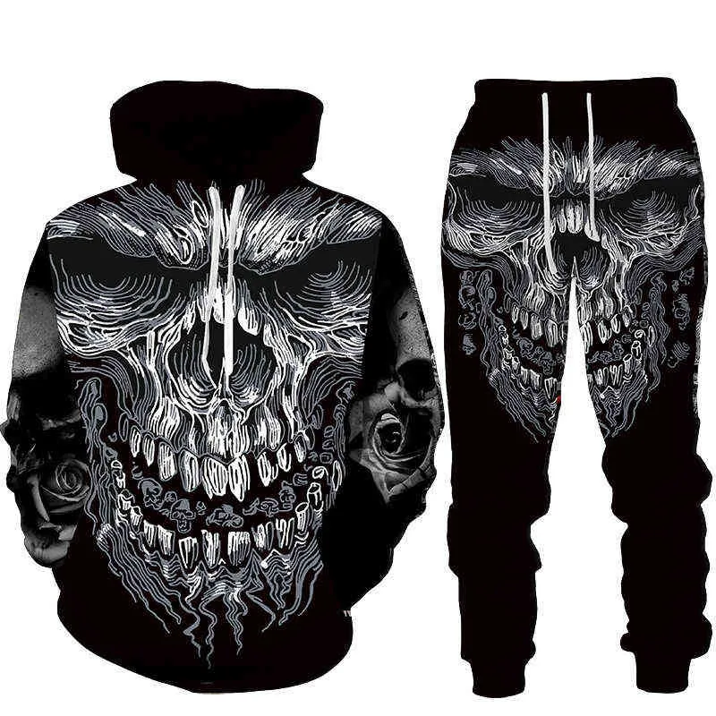 Cool 3D Skull Print Men's Hoodies Sweatshirts Suits Fashion Tracksuit Autumn And Winter Zipper Hoodie Pants Two Piece Set 211220