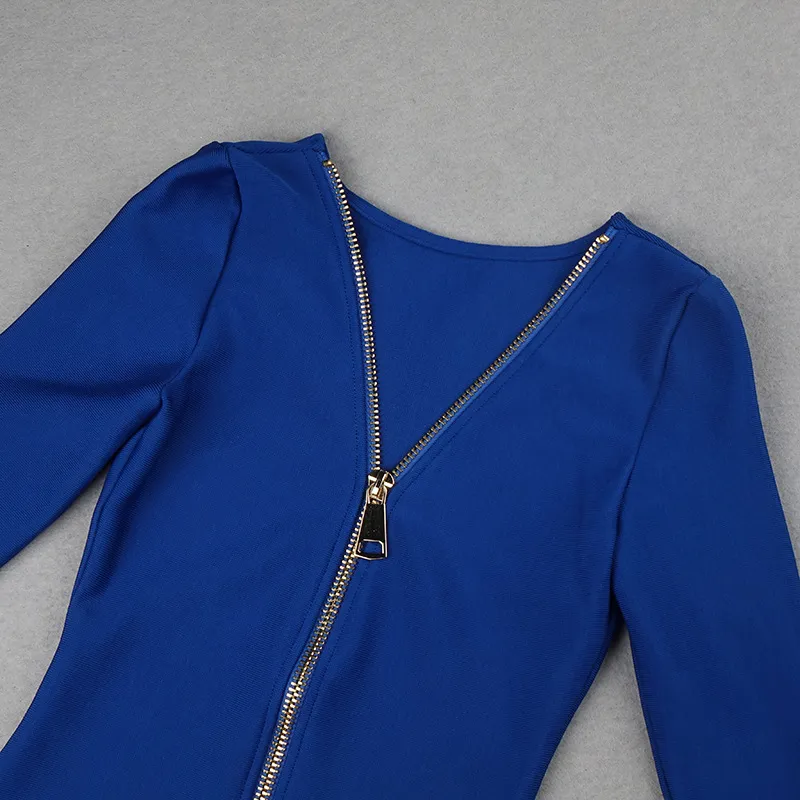 Isarose Bandage Robe pour femmes Long Back Zipper Bleu Noir Genou Longueur Slash Cou Slim Robes de soirée réversibles avec fente 210422