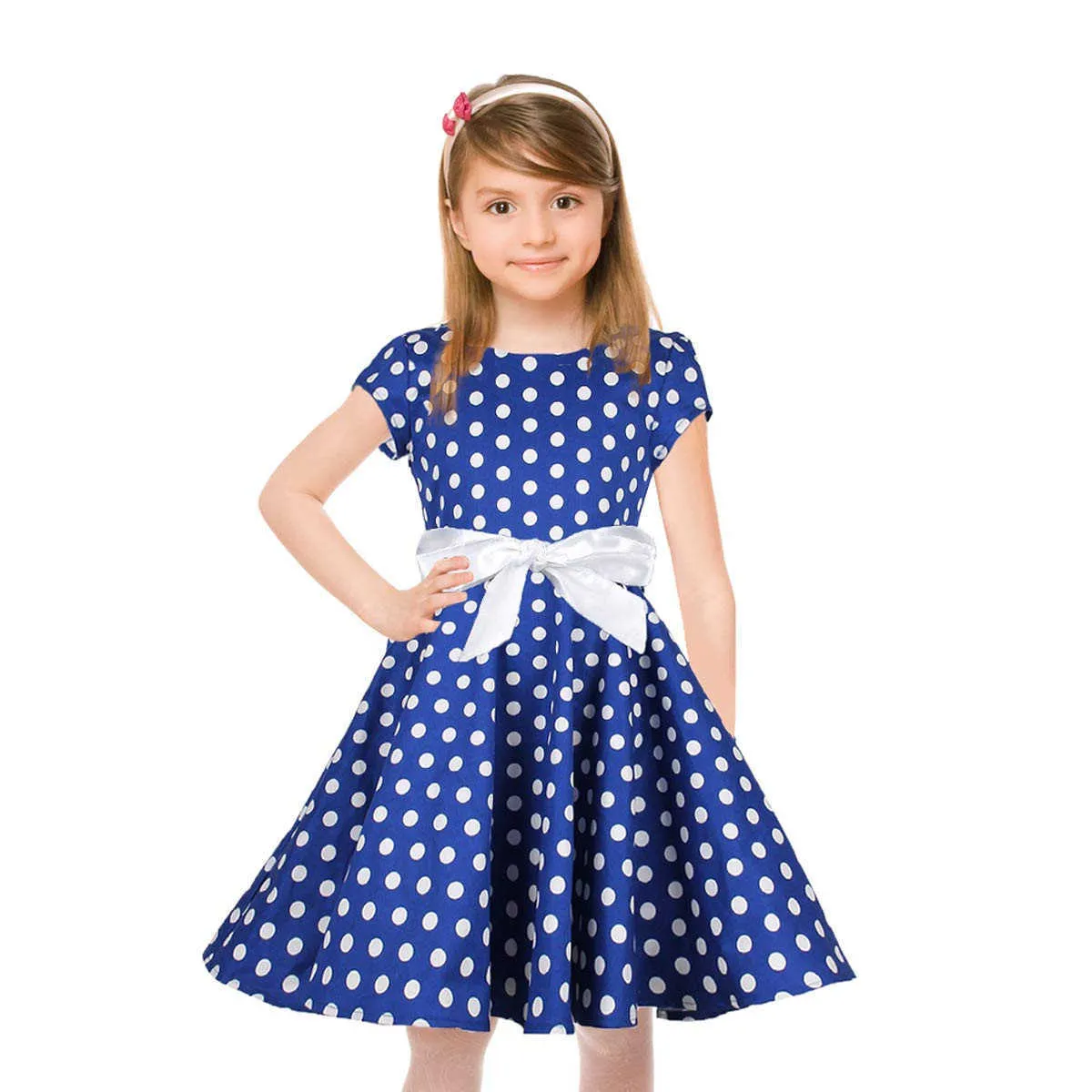 Enfants Filles Robe Polka Dot Vintage Princesse Robe Swing Rockabilly Robes De Fête Enfants Vêtements Coton Mélange Bandage Robe Q0716