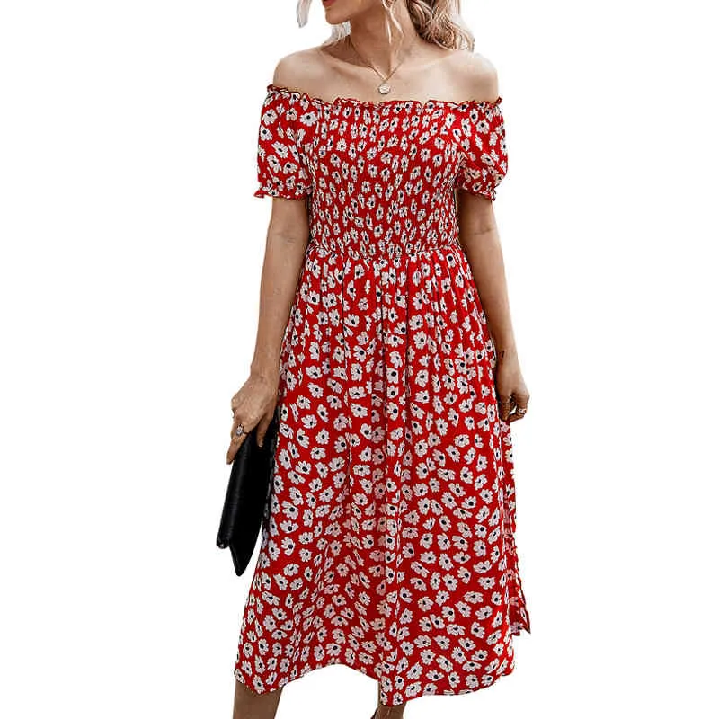 Zomer Elegante boho bloemenprint Midi Jurk Vrouwen Sexy Mode slash hals strand Split Jurken vrouwen Overgooiers vestidos 210508