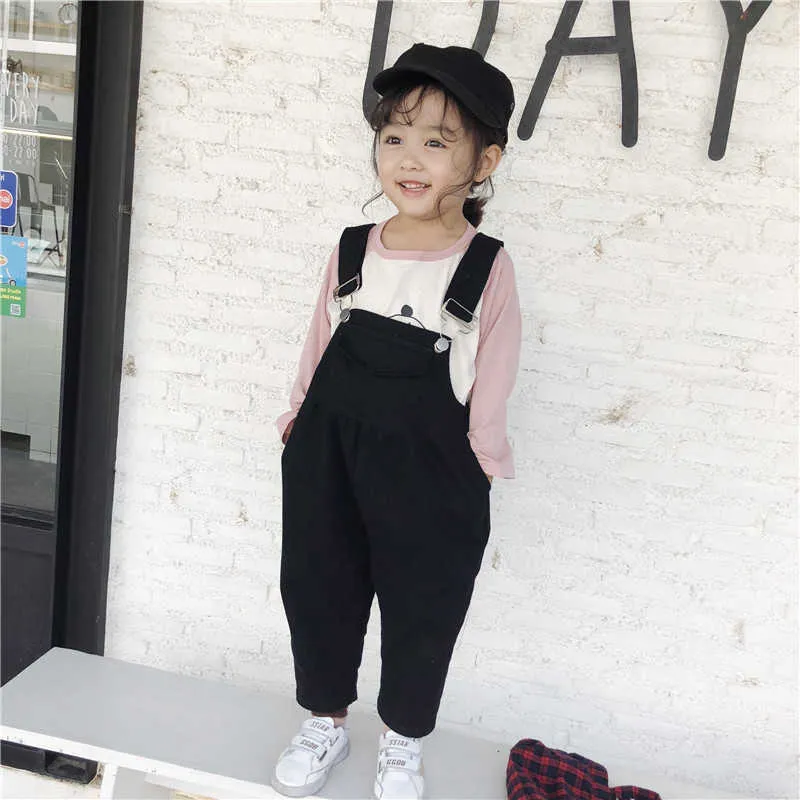 Printemps automne pur coton couleur unie salopette pour filles mignonnes style coréen enfants pantalons à bretelles de mode décontractée 210708