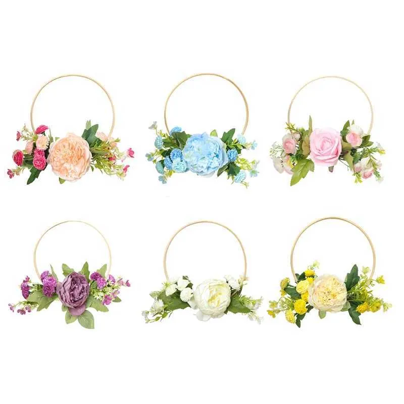 Bambusring Künstliche Pfingstrose Blume Kranz Handgemachte Blumenkränze Girlande Für Haustür Wand Hochzeit Party Bauernhaus Home Y0901