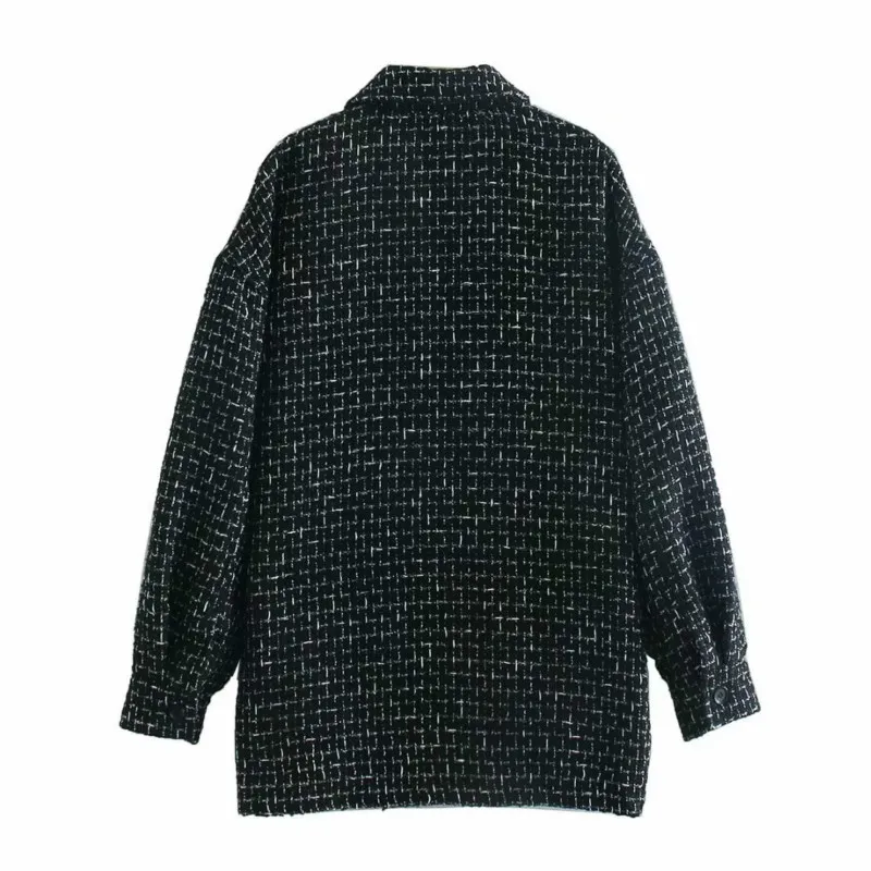 Vintage kvinna svart lös texturerad kappa höst-vinter mode damer tjock tweed ytterkläder kvinnliga casual stora jackor 210515
