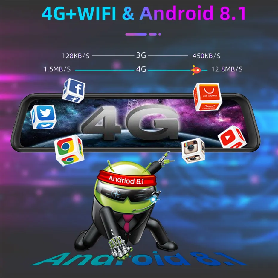 Quidux 12 inch 4G Android Achteruitkijkspiegel Auto DVR FHD 1080P GPS WIFI ADAS DASH CAM DUAL LENS RECORDER Auto Camera Registrar DVRS