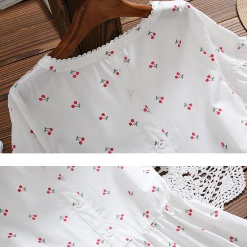 Mori Girl Lace Collar Sweet Dress Zomer Mode Uitlopende Mouwen Cherry Printed Katoen A-Lijn Bow Kawaii Estidos 210520
