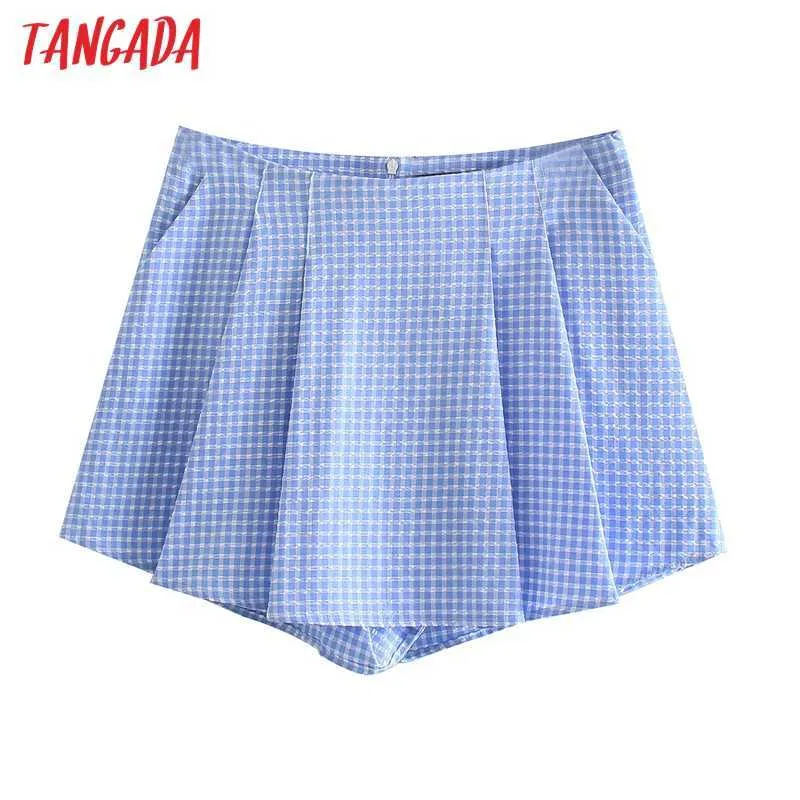 Tangada été femmes élégant bleu Plaid jupe Shorts dos fermeture éclair poches Shorts de plage pantalons JE69 210609