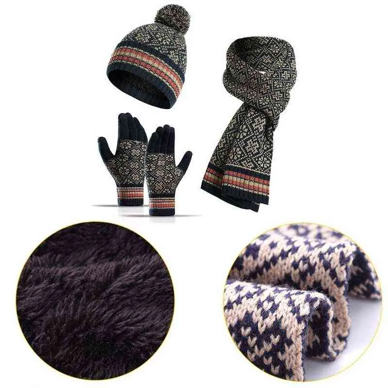 Unissex inverno 3 peças gorro pompom cachecol longo conjunto de luvas touch screen conjunto geométrico floral jacquard forrado de pelúcia boné caveira