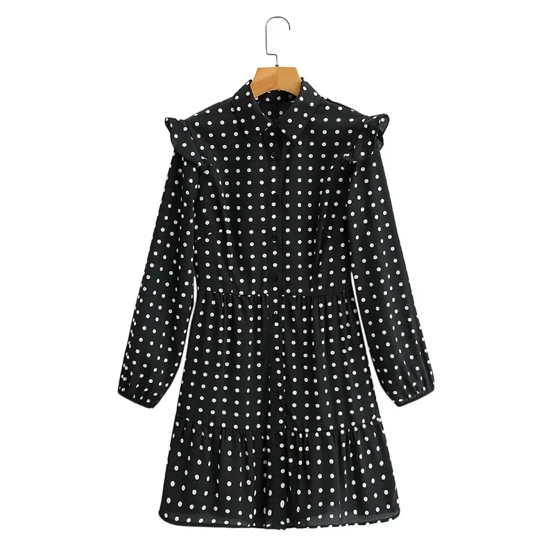 Spring Women Polka Dot Printing Mini Shirt Dress Female Ruffle Long Sleeve Clothes Casual Lady Loose Vestido D7023 210430