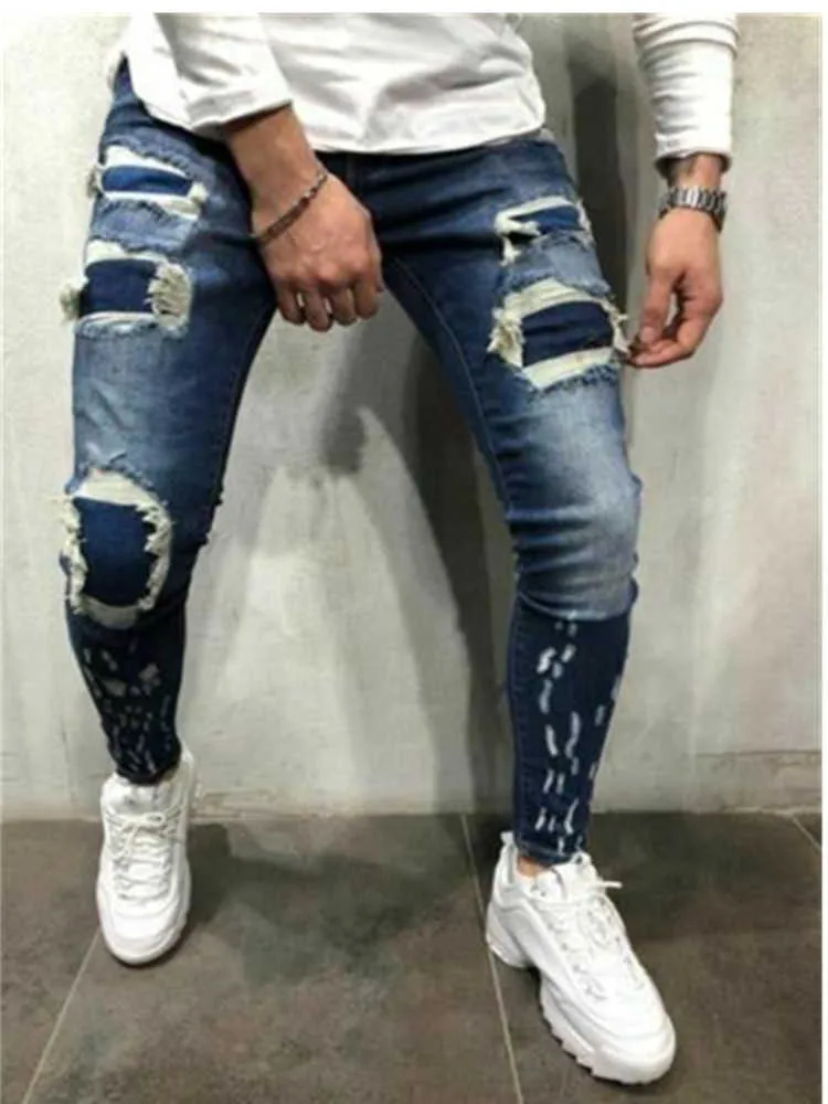 Höst moto biker jeans rippade patchwork mens jeans byxor män slim stretch byxor blå hål penna byxor jeans för män x0621