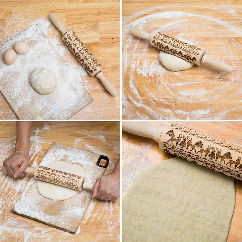 3D gravado gravado rolo de rolamento de madeira biscoito biscoito biscoito fondant bolo massa gravada rolling pins decorando ferramentas 211008