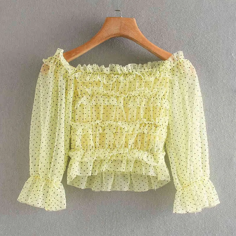 Summer Yellow Cute Polka Dot Tulle Crop Top Women See Through Ruffle Blouses Woman Long Sleeve Off Shoulder Tunic Ladies Tops 210430