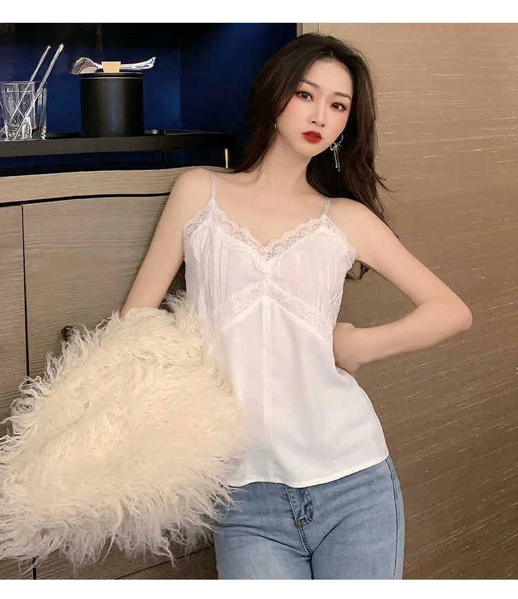 Sommer Koreanische Mode Satin Frauen Camis Streetwear Tops Spitze Ärmellose Schwarze Weibliche Plus Größe XXL Spaghetti Strap Tank Top 210531