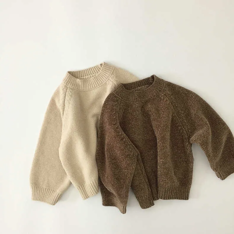 Frühlings- und Herbsthemd, einfarbig, Rundhalsausschnitt, brauner Pullover, Pullover, Mädchen, Baby, Junge, 210702