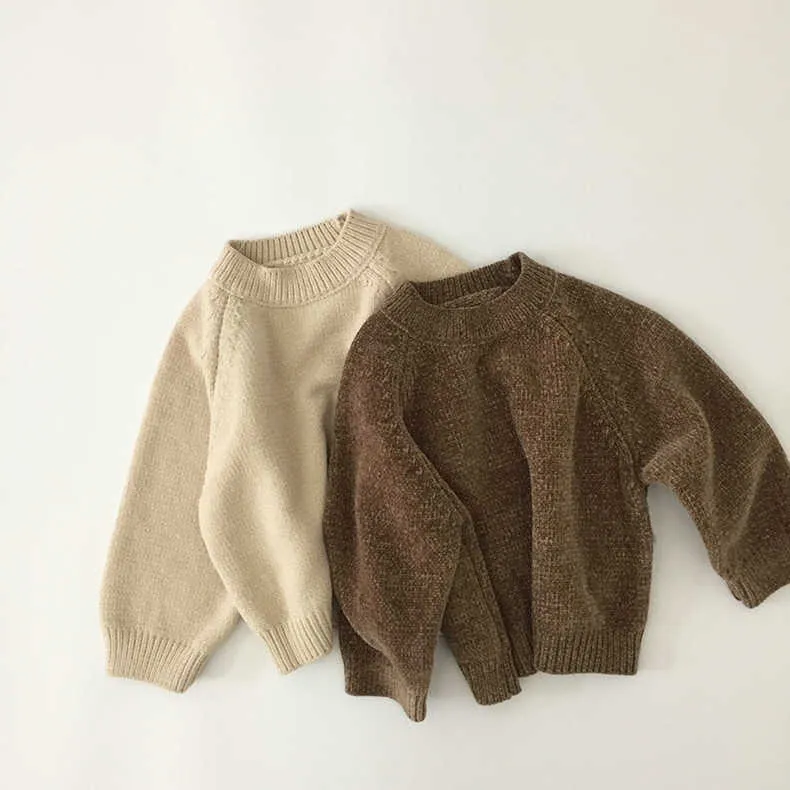 Primavera y otoño camisa de fondo color sólido cuello redondo marrón suéter suéter niñas bebé niño 210702