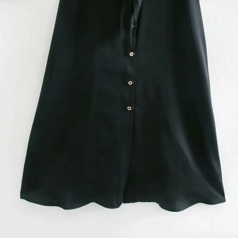 春の女性結び目の装飾ブラックサテンのミディシャツのドレス女性長袖の服カジュアルな女性の緩いvestido d7155 210430