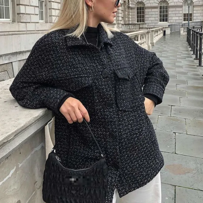 Vintage kvinna svart lös texturerad kappa höst-vinter mode damer tjock tweed ytterkläder kvinnliga casual stora jackor 210515