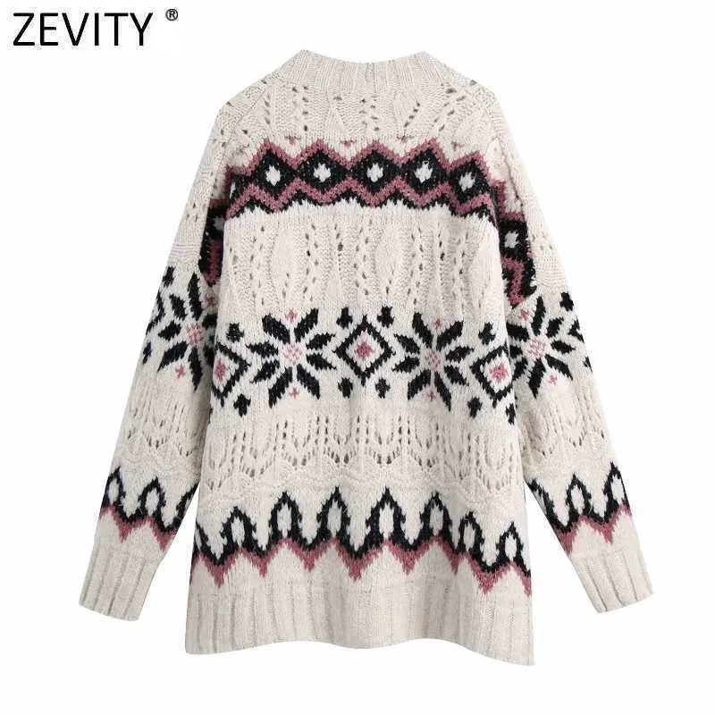 Zevity Women Vintage V Neck Flower Wzór żakardowy Kartuńskie Sweter Knitting Sweter Kobiet Chic Długi rękaw Hollow Out Tops S651 210603