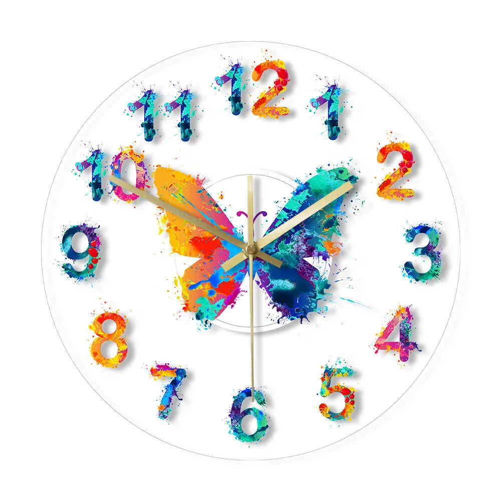 Colorful Numbers Modern Wall Clock Watercolor Butterfly Painting Art Hanging Timepiece Giclee Fine Art Print Silent Wall Clock X0705