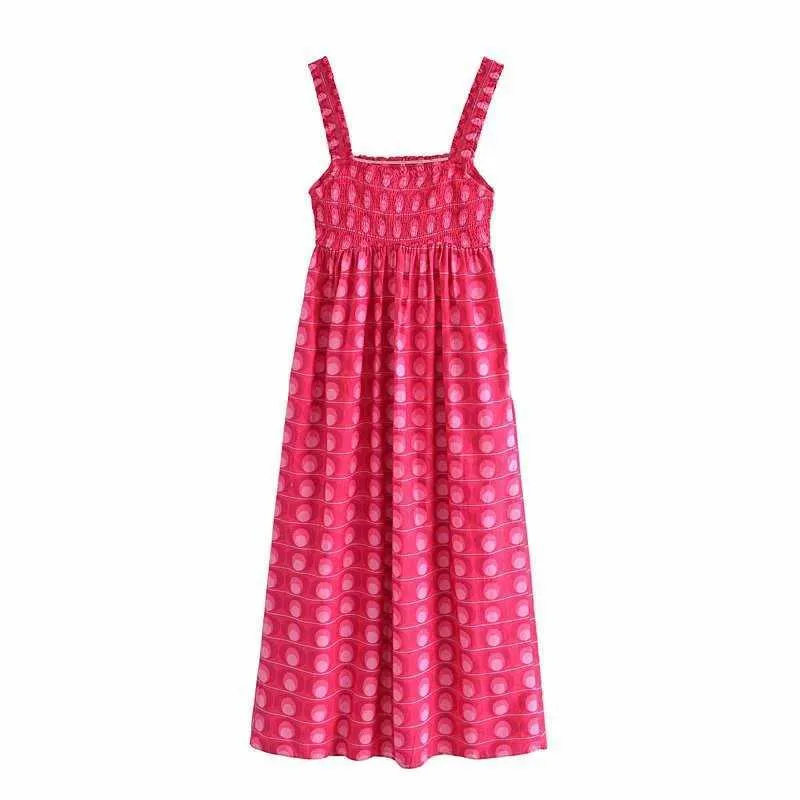 Summer Vintage Printed Dress Women Straps Smocked Side Pockets Midi Dresses Casual Woman Robe femme 210709