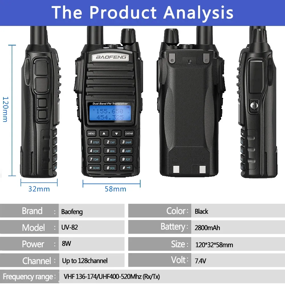 Baofeneng UV-82 artı 8W 10km uzunluğunda Güçlü Walkie Talkie Taşınabilir CB VHF/UHF PTT İki yönlü Radyo Amador 8 Watt UV82