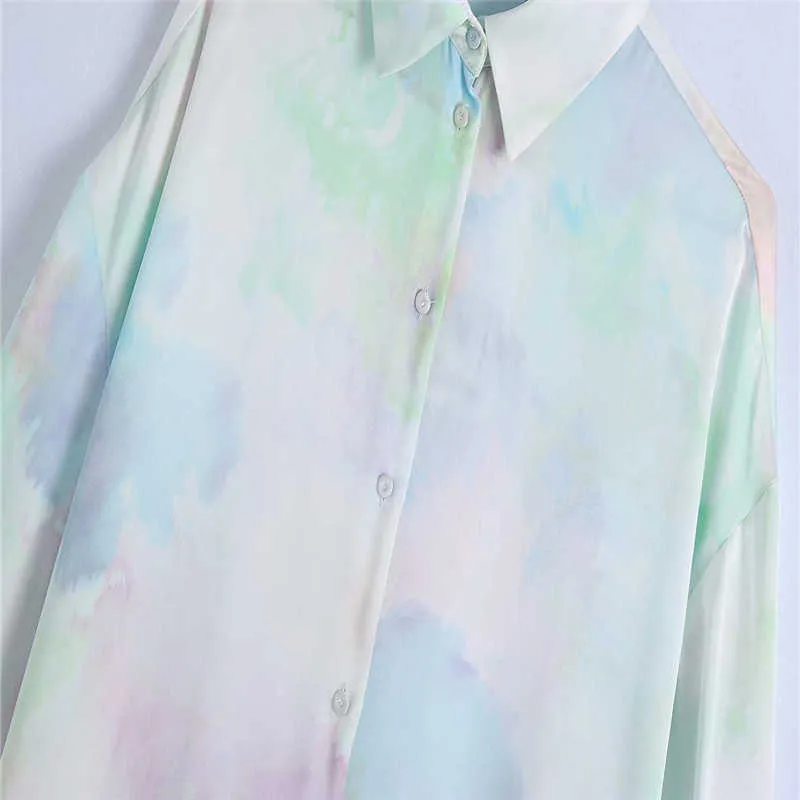 Za Tie Dye Shirt Shirtsの女性長袖ヴィンテージ夏のシャツファッションサイドベントボタンアップロードトップ女性エレガントブラウス210602