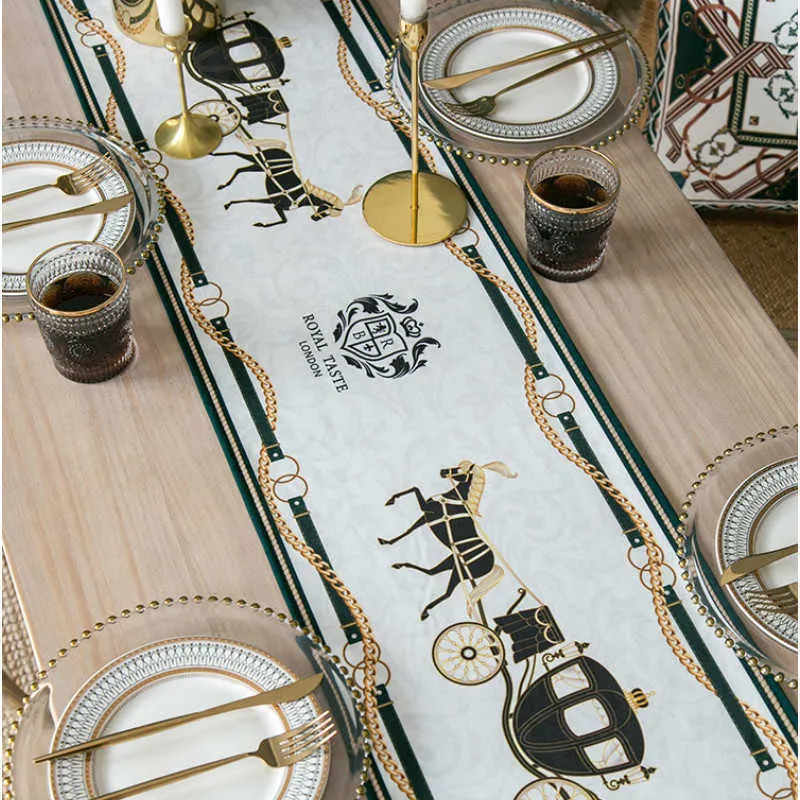 DunxDeco Touch Tassel Table Runner Festa de Capa Longa Tecido Moderno Luxo Royal Cavalo Carruagem Imprimir Desemproximento Decoração Têxtil 210709