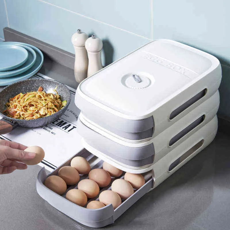 32 21 7 8 cm Caja de almacenamiento de huevos Contenedor Contenedor Tipo cajón Cocina Nevera Organizador de huevos con tapa Apilable Sellado Mantenimiento fresco 211300B