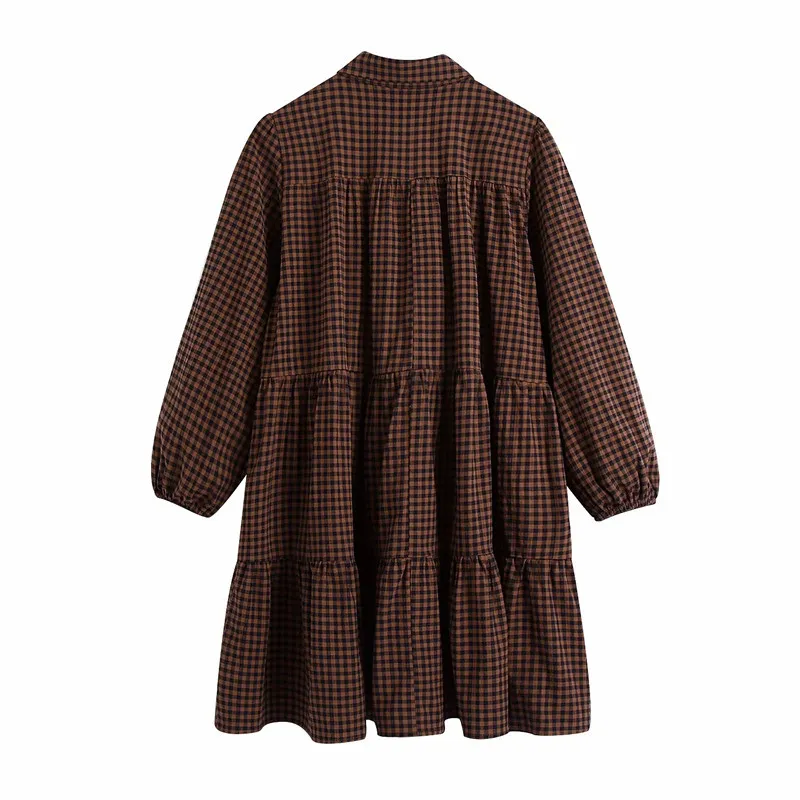 Vintage gingham ekose mini elbise kadınlar sonbahar kış yakalı puf kollu fırfır kadın Harajuku gevşek rahat ES 210519
