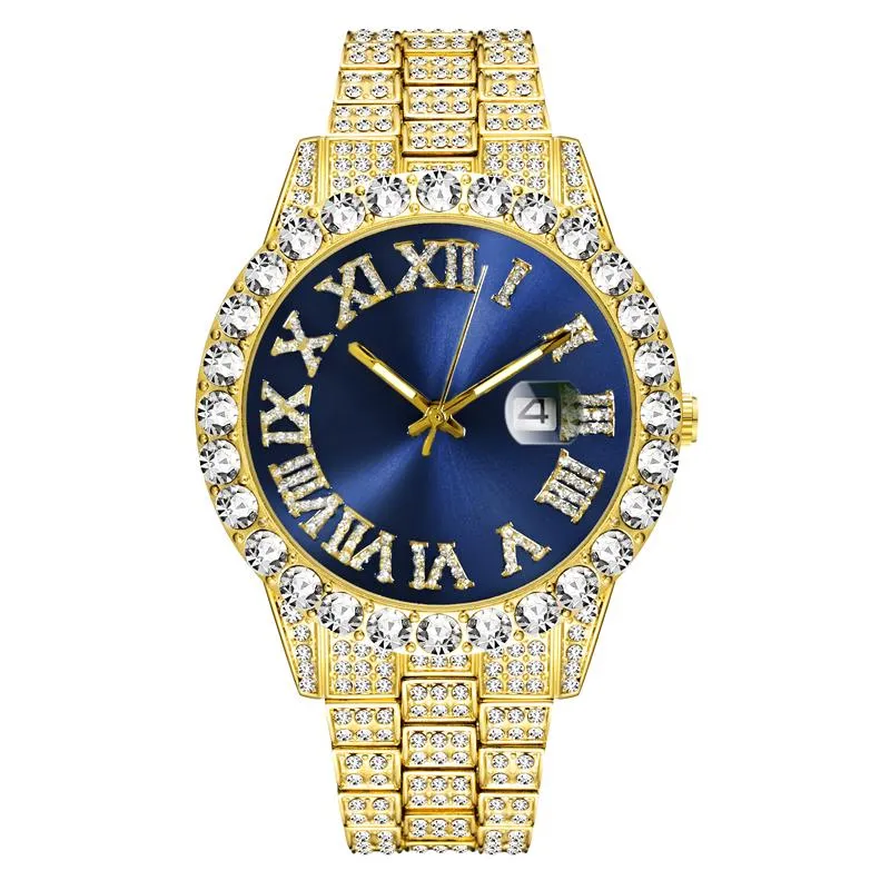 Big Diamond Gold Men Watches Calendar Platinum Icd Male Clock Quartz Movt Steel Relog Hip Hop Iced Out Watch Wristwatches231f
