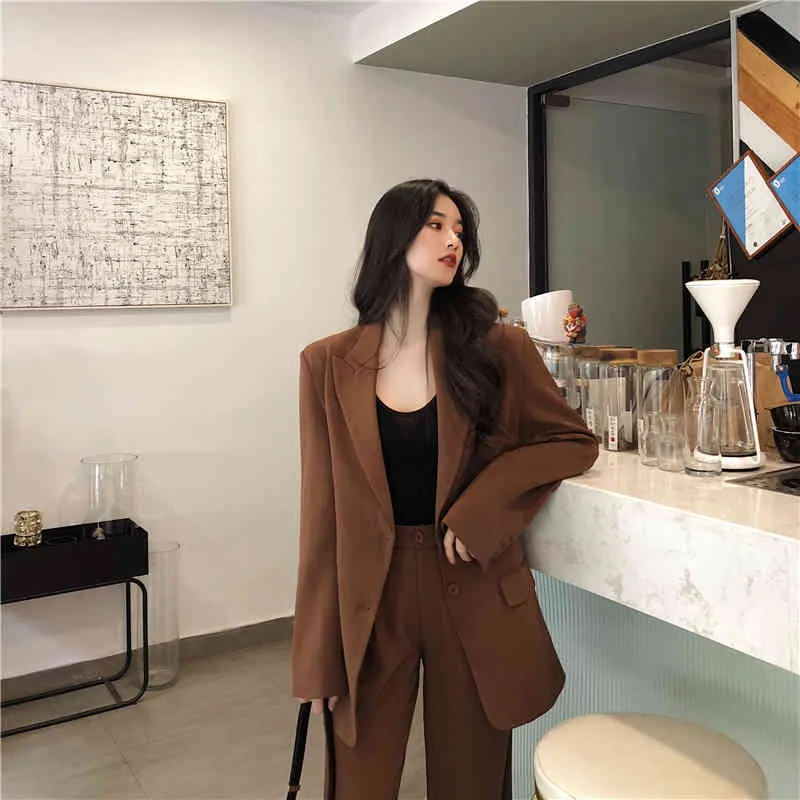 Spring And Autumn Black Women's Pantsuit Loose Female Office Suit Blazers Jacket Wide Leg Trousers Two-Piece Set 210514