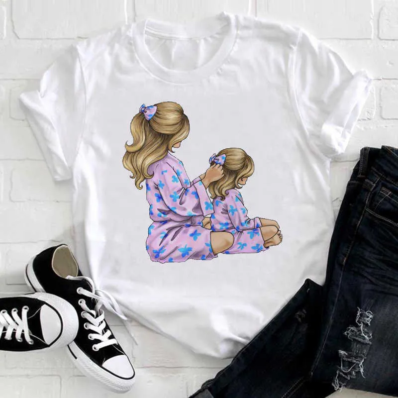 Mujeres Dibujos animados 90s Estilo Rayas Niño Hijo Niña Hija Mamá Madre Ropa Imprimir Camiseta Top Camiseta Mujer Señoras Camiseta gráfica X0628