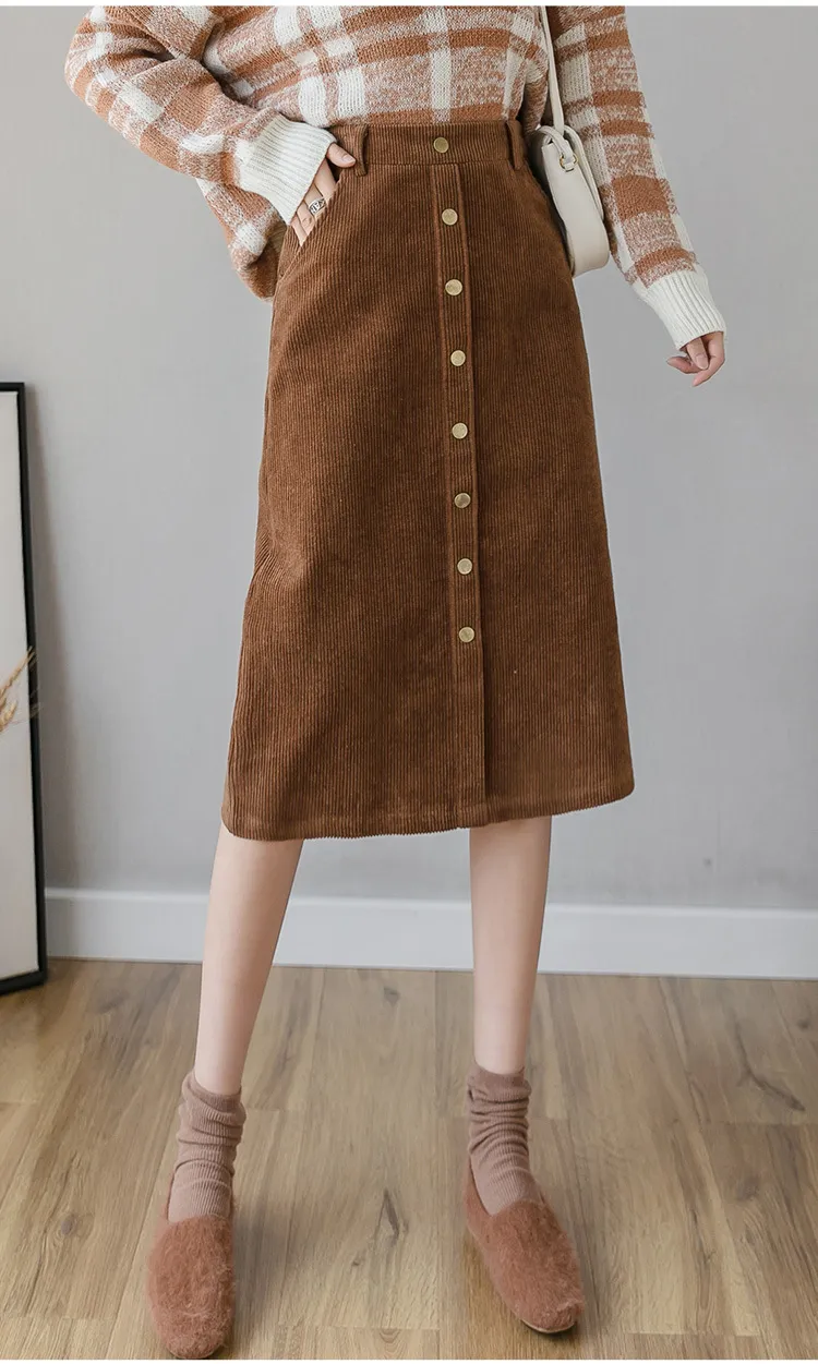Spring High Waist Corduroy Skirt Women A-Line Streetwear Female Pockets Single-Breasted Mujer Faldas 210520