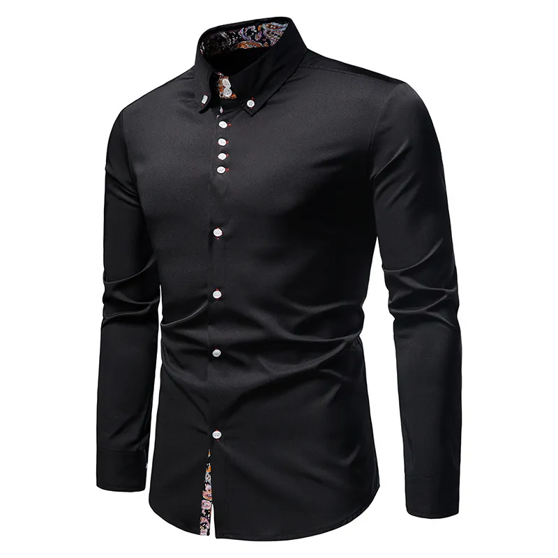 Black Paisley Mens Shirt Patchwork Slim Long Sleeve Casual Shirts Men Splice Print Work Business Wedding Camisas Spring Brand 210524