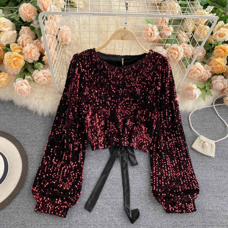 Sexy Hollow Out Sequin Blouse Women O-Neck Open Back Bandage Tops Elegant Black/Red Bling Club Party Shirt Autumn Fashion 210326