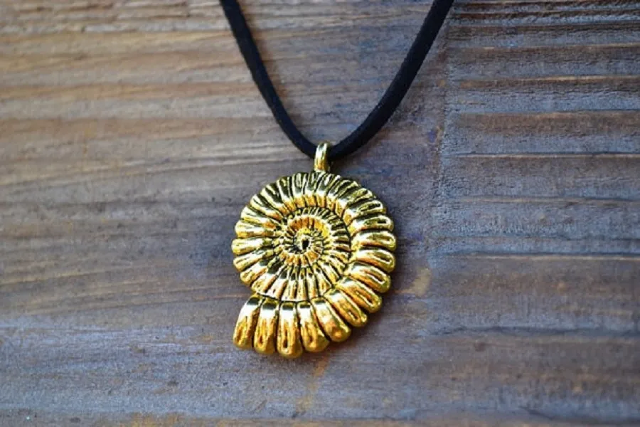 Meerjungfrau-Halskette, goldene Muschel auf schwarzem Leder, Ammonitenfossil
