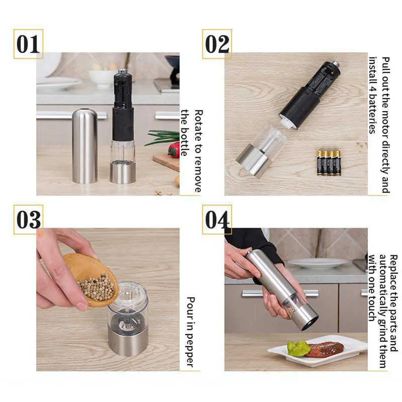 Stainless Steel Electric Seasoning Grinder Pepper Salt & Mill Kitchen Tools Accessories for Cooking 210712