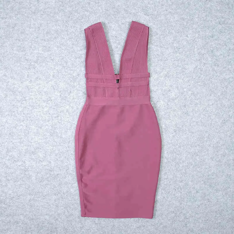Beaukey Summer 2020 Kvinnor Klipp ut Sexig HL Bandage Klänning Bodycon Deep V Neck Pink Dress Evening Maxi XL Party Vestido Knä längd G1214