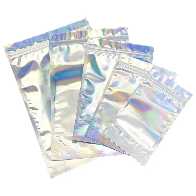 Małe do dużych rozmiarów Hologram Holographic Self Seal Torby Raibow Wyczyść Standup Studka Resealable Plastikowe Blokada Lock Packaging Torby Zipper Mylar Bag Pakiet