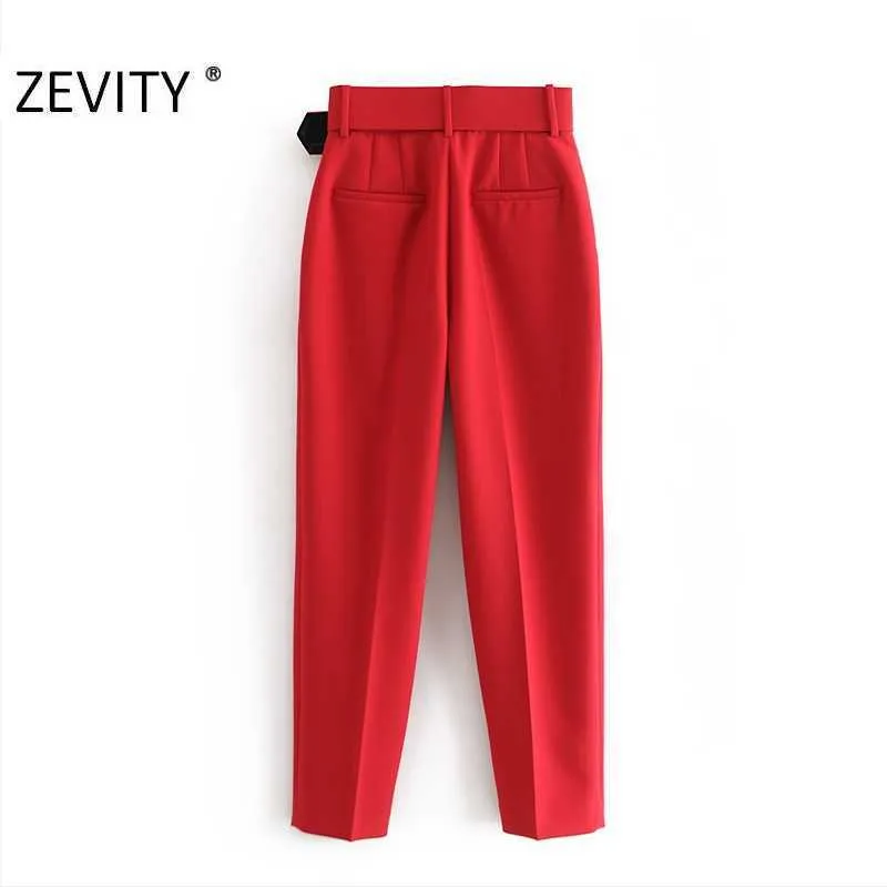 Vente Femmes Candy Couleur Pantalon Rouge Rose Chic Ceintures Pantalon d'affaires Femme Faux Zipper Pantalones Mujer P953 210925