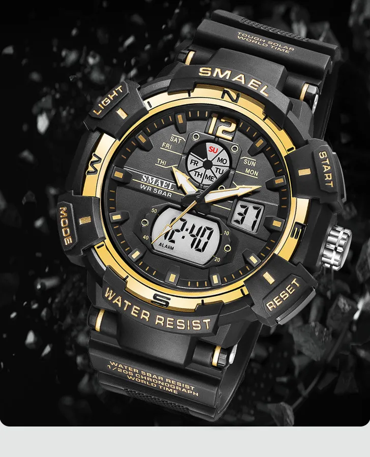 S Smael 8045 Dual Display Watches Sports Luminous Discal الطالب في الهواء الطلق ذكر مراقبة إلكترونية Reloj Hombre Wristwatch 50m1722