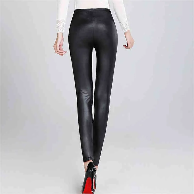 Cuhakci Faux Leather Winter Legging High Waist Jegging Velvet Kobieta Zachowaj Ciepłe Spodnie Czarne Spodnie Dorywczo 211215