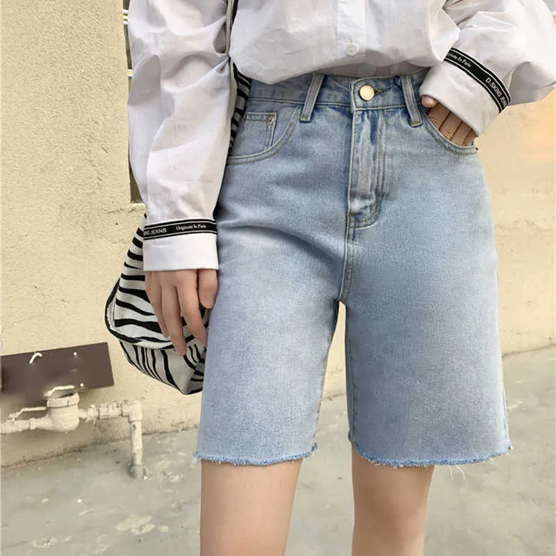 Aelegantmis Jeans a vita alta al ginocchio Donna Casual Denim allentato Pantaloni da cowboy retrò Pantaloncini dritti Coreano Chic Streetwear 210607