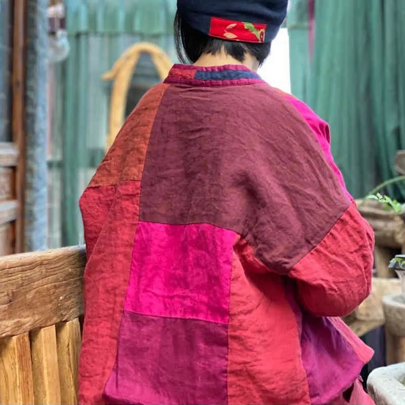 Johanature женщины красный случайные лоскутное теплое пальто хлопчатобумажный зимний V-образным вырезом с длинным рукавом свободный винтажный повседневный ремень короткие куртки 210521