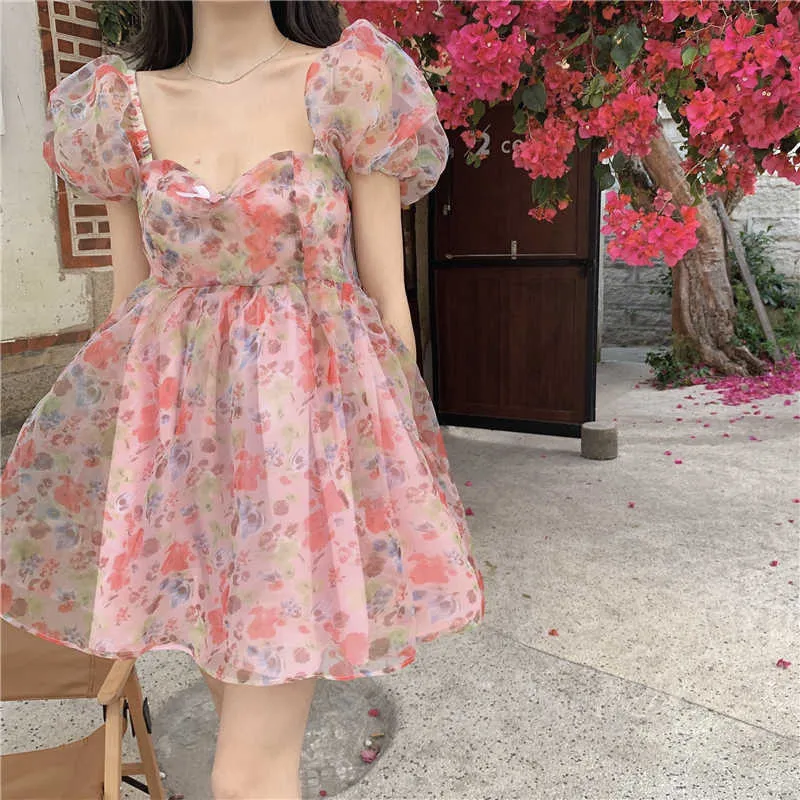 French Floral Dress Women Sexy Puff Sleeve Lace Organza Print Mini Summer Korean Style Vintage Fairy 210529